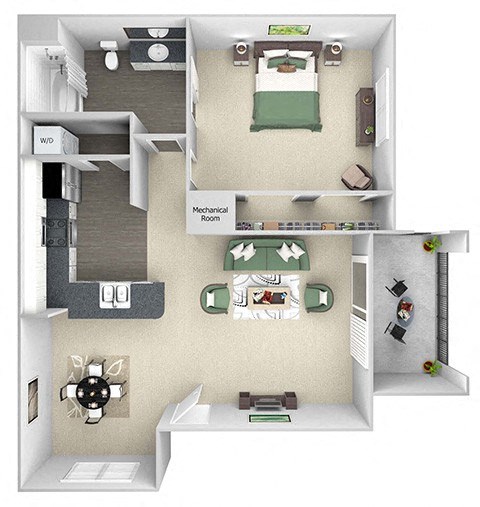 Floor plan for 1 bed, 1 bath, 800 sqft